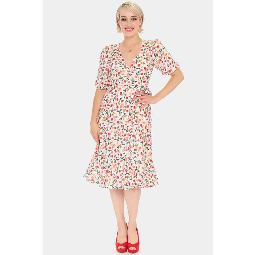 Voodoo Vixen - Floral Cherry Print Robe portefeuille - Crème